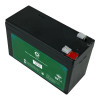 Side angle view highlighting the battery's compact design and build quality for APC RBC2FI replacement battery. Compatible with BackUPS 200B - 1 battery version UPS models. 12V 7Ah battery with T2 terminals.