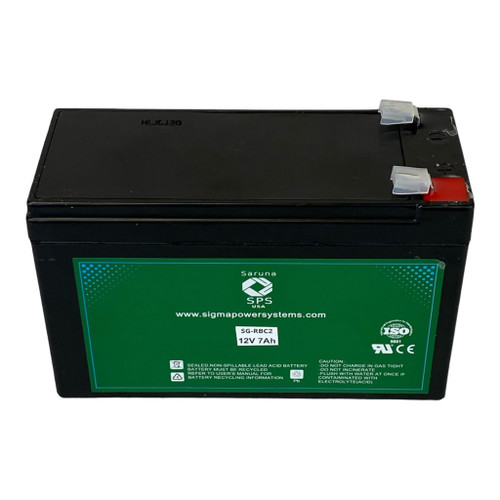 Front view of the battery showing terminal connections and product labeling for APC RBC2 replacement battery. Compatible with BE525-RS UPS models. 12V 7Ah battery with T2 terminals.