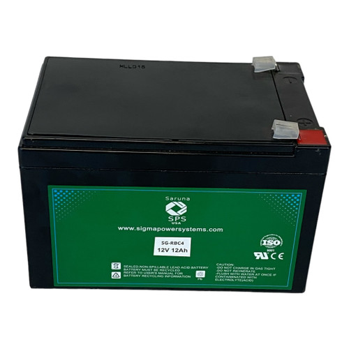 Front view of the battery showing terminal connections and product labeling for APC RBC4 replacement battery. Compatible with BK650MC UPS models. 12V 12Ah battery with T2 terminals.