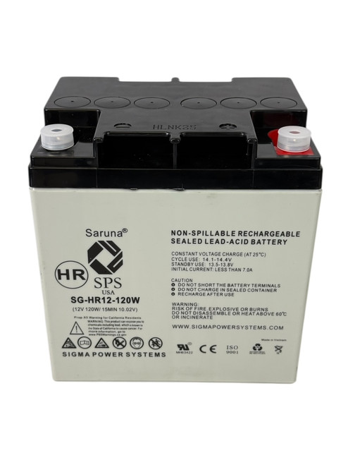 Front view of the battery showing terminal connections and product labeling for APC SG12-HR12-120  12V 120W High Rate replacement battery. Compatible with SUVS650 UPS models. 12V 28Ah battery with M4 terminals. Front view of the battery showing terminal connections and product labeling for APC SG12-HR12-120  12V 120W High Rate replacement battery. Compatible with SUVS650 UPS models. 12V 28Ah battery with M4 terminals.