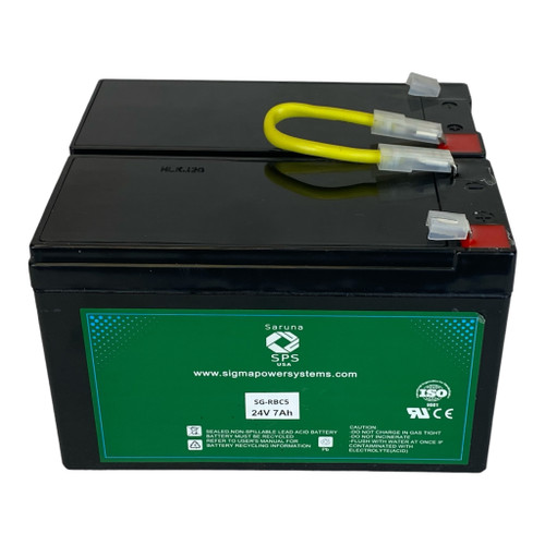 Front view of the battery showing terminal connections and product labeling for APC RBC5 replacement battery. Compatible with SU450NET UPS models. 24V 7Ah battery with T2 terminals. Front view of the battery showing terminal connections and product labeling for APC RBC5 replacement battery. Compatible with SU450NET UPS models. 24V 7Ah battery with T2 terminals.