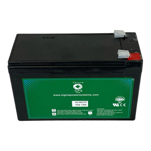 Front view of the battery showing terminal connections and product labeling for APC RBC2FI replacement battery. Compatible with SmartUPS 420 UPS models. 12V 7Ah battery with T2 terminals. Front view of the battery showing terminal connections and product labeling for APC RBC2FI replacement battery. Compatible with SmartUPS 420 UPS models. 12V 7Ah battery with T2 terminals.
