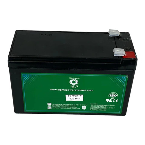 Front view of the battery showing terminal connections and product labeling for APC RBC2FI replacement battery. Compatible with BackUPS 300 UPS models. 12V 7Ah battery with T2 terminals. Front view of the battery showing terminal connections and product labeling for APC RBC2FI replacement battery. Compatible with BackUPS 300 UPS models. 12V 7Ah battery with T2 terminals.
