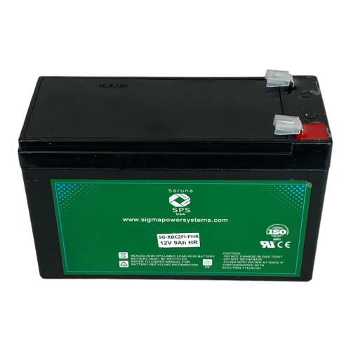 Front view of the battery showing terminal connections and product labelingAPC RBC2FI replacement battery. Compatible with BackUPS CS500 UPS models. 12V 7Ah battery with T2 terminals.