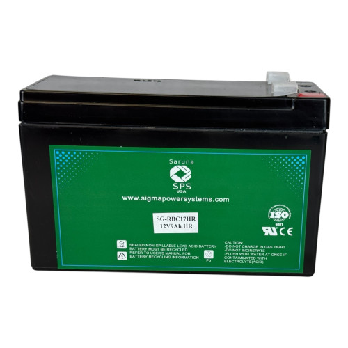 Front view of the battery showing terminal connections and product labeling for APC RBC17HR replacement battery. Compatible with BX800CI-LM UPS models. 12V 9Ah battery with T2 terminals. Front view of the battery showing terminal connections and product labeling for APC RBC17HR replacement battery. Compatible with BX800CI-LM UPS models. 12V 9Ah battery with T2 terminals.
