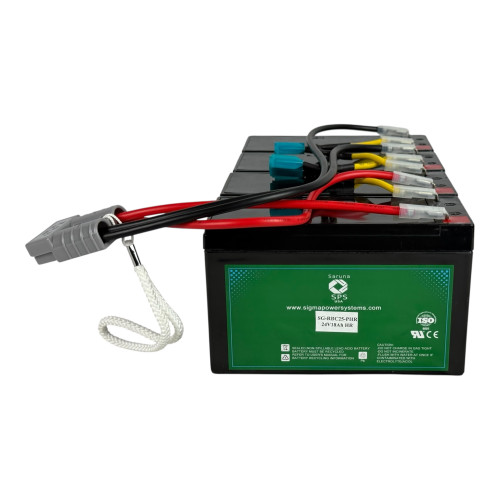 Front view of the battery showing terminal connections and product labeling for APC RBC25PHR replacement battery. Compatible with SU1400RMXLI3U UPS models. 12V 9Ah battery with T2 terminals. Front view of the battery showing terminal connections and product labeling for APC RBC25PHR replacement battery. Compatible with SU1400RMXLI3U UPS models. 12V 9Ah battery with T2 terminals.