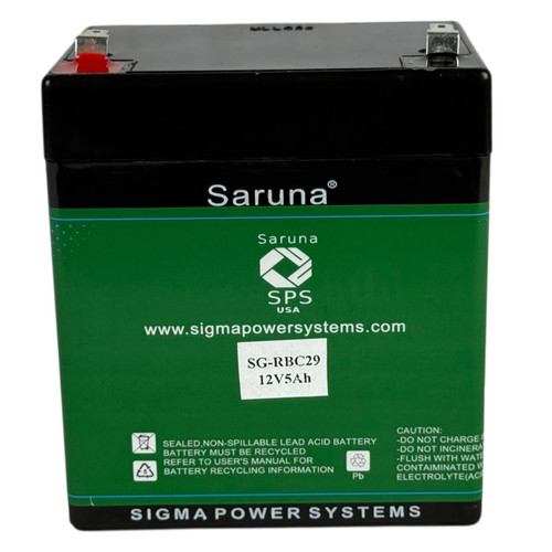 Front view of the battery showing terminal connections and product labeling for APC RBC29 replacement battery. Compatible with BF350-GR UPS models. 12V 5Ah battery with T2 terminals.