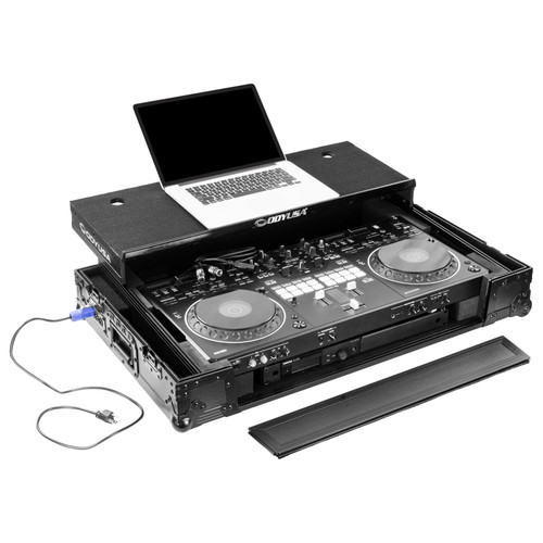 Odyssey Performance Ready Series (Pre-Wired XLR Patch Panel) Black 1U Case for DDJ-REV5 with Wheels and Glide Style Laptop Platform