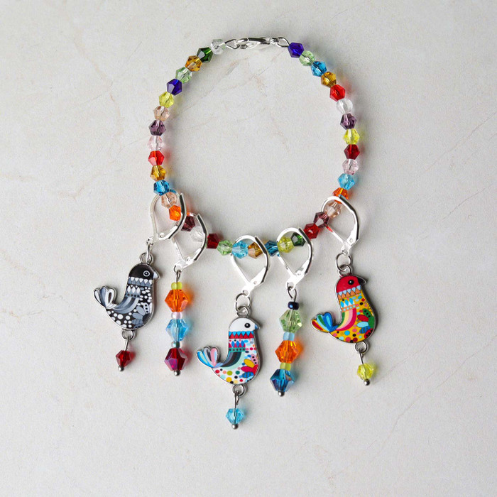 Fancy Colorful Birds Stitch Markers with Beaded Holder