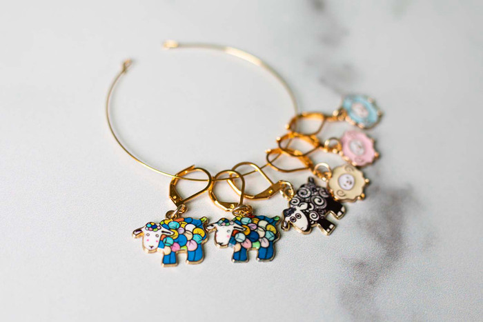 Sheep Stitch Markers on Gold Ring – Set of 6