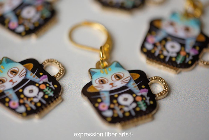 Aqua Kitties in Teacups Stitch Markers Set of 5