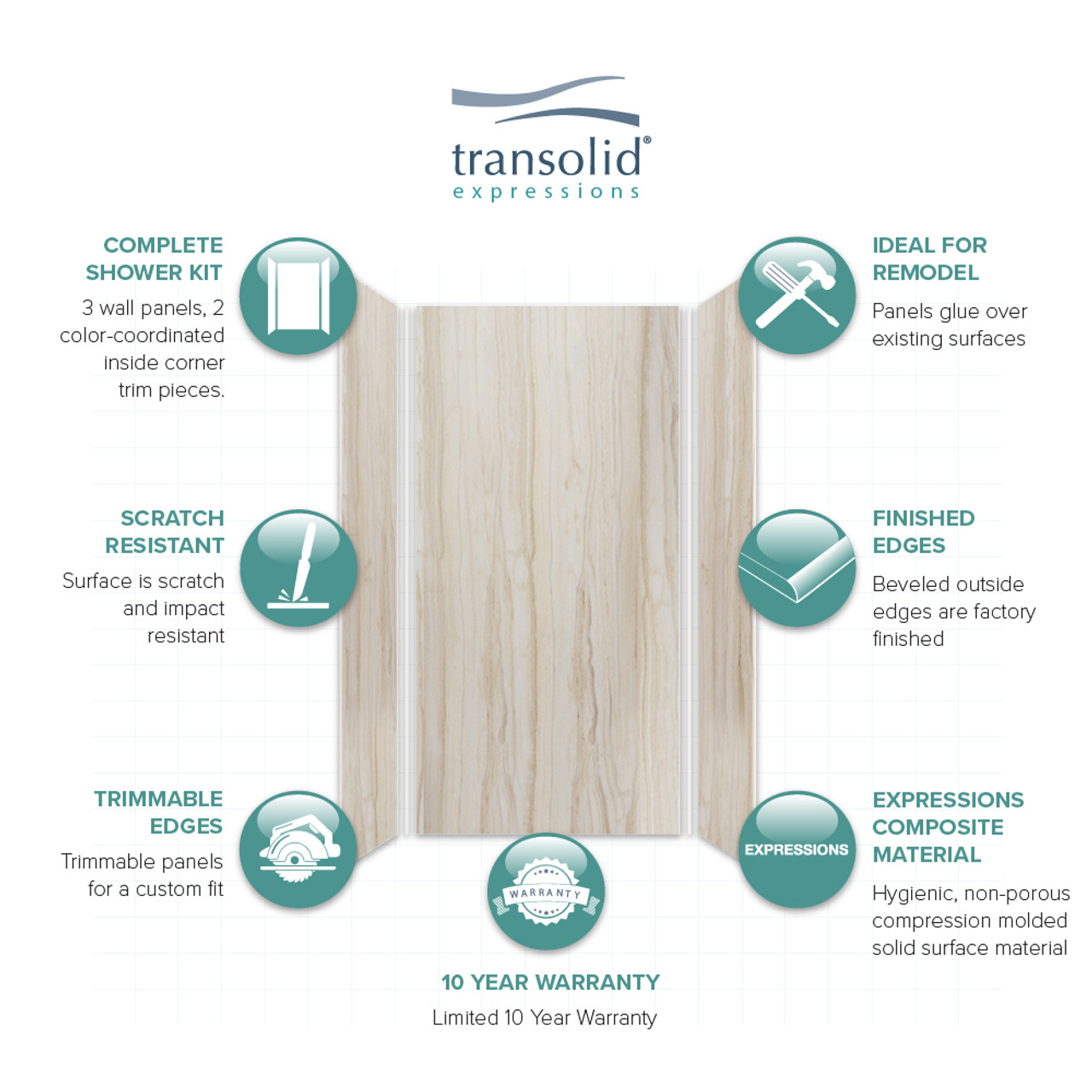 Samuel Mueller 48-in x 36-in x 96-in Glue to Wall 3-Piece Shower Wall Kit, Jupiter Stone