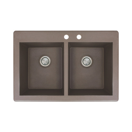 Samuel Mueller 33-in X 22-in X 9.5-in silQ Granite Kitchen Sink with Double Equal Bowls, Drop-installation, with 2 CD Faucet Holes, Espresso