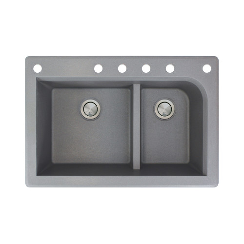 Samuel Mueller 33-in X 22-in X 9.5-in silQ Granite Kitchen Sink with 1-3/4 J-Shaped Double Offset Bowls, Drop-installation, with 6 CABDEF Faucet Holes, Grey