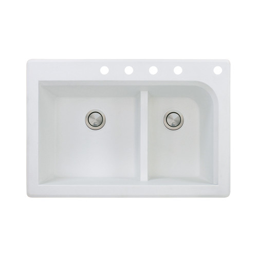 Samuel Mueller 33-in X 22-in X 9.5-in silQ Granite Kitchen Sink with 1-3/4 J-Shaped Double Offset Bowls, Drop-installation, with 5 CBDEF Faucet Holes, White