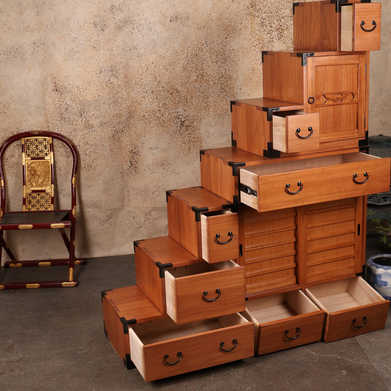 Japanese Three Section Step Chest Kaidan Tansu, Kiri Wood (KST-2)