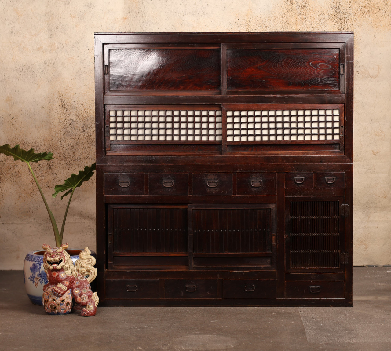Antique Japanese Mizuya Daidokoro Tansu Kitchen Chest With Keyaki