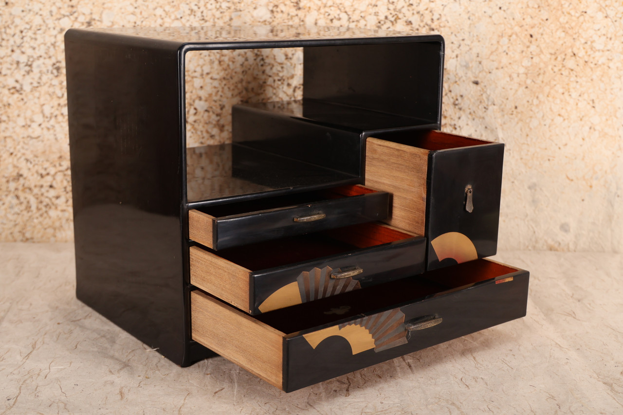 Vintage Japanese Lacquered Storage Box with Fan Motif — 1980s, Showa ...