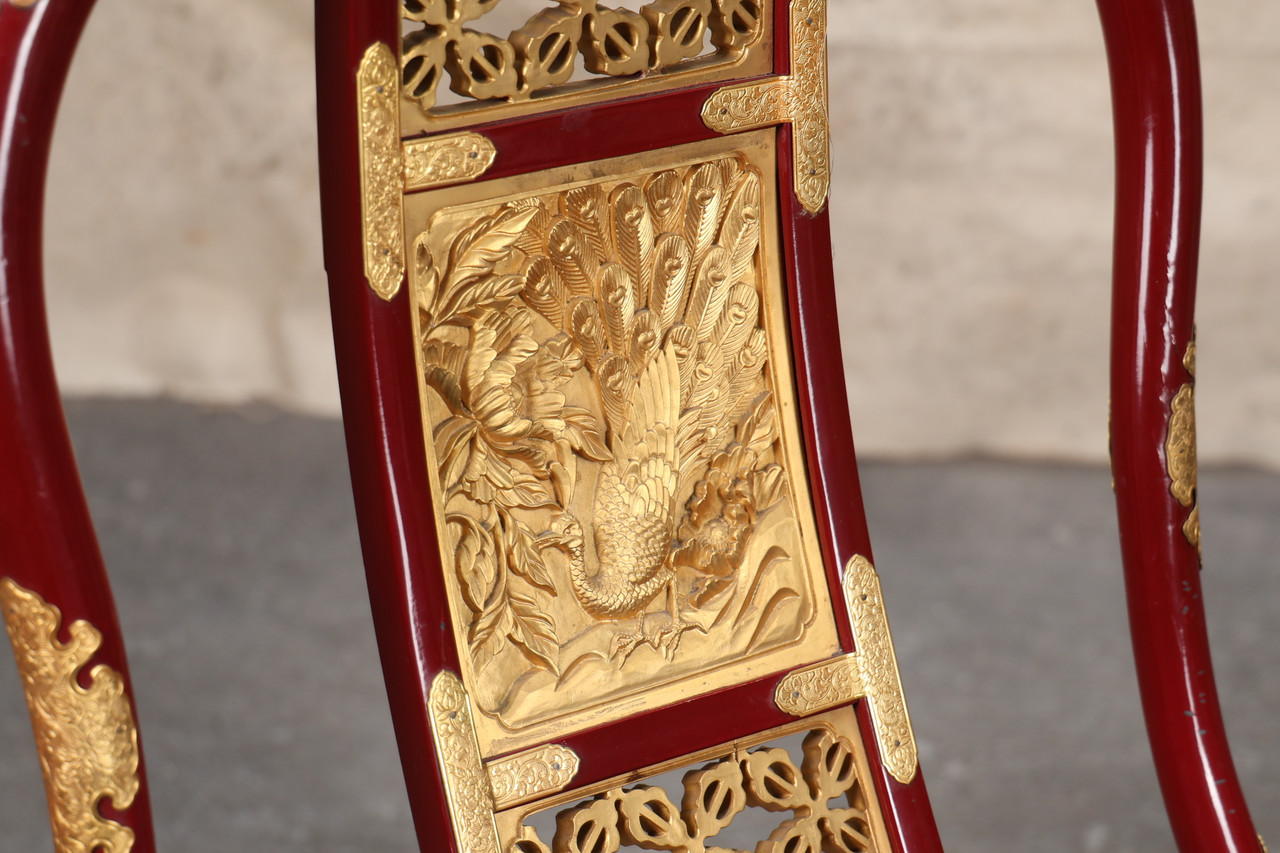 Vintage Japanese Monk Chair With Crimson Red And Gold Accents 