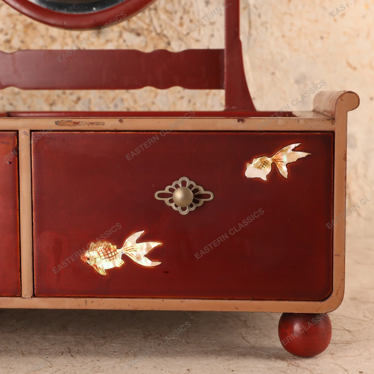 昭和レトロ鏡台　Japanese Showa Mirror Vintage Japanese Kyodai Mirror with Goldfish — Wood, 1950, Showa