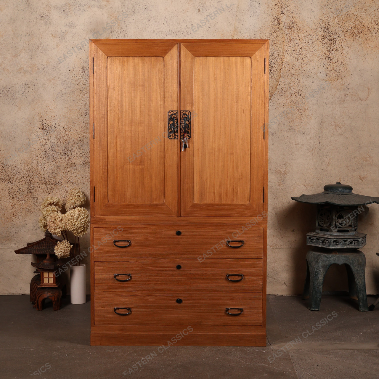 Antique Japanese Kimono Tansu – 2-Section Kiri Wood Chest with