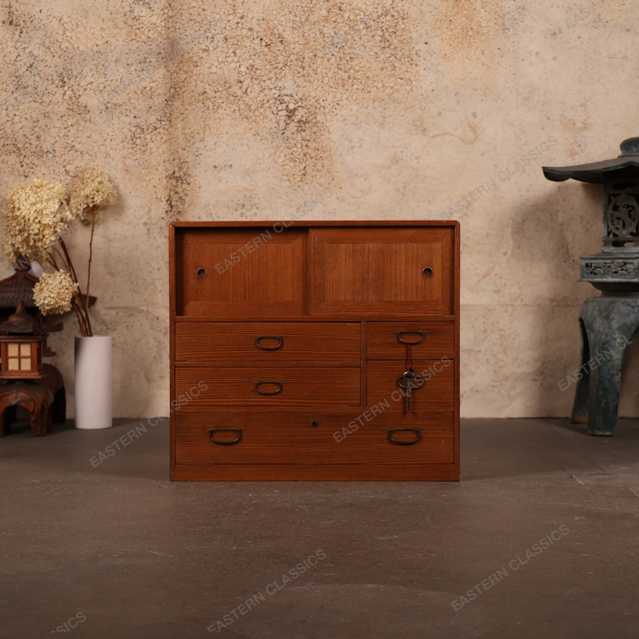 Antique Japanese Ko Tansu – Small Kiri Wood Chest with Sliding