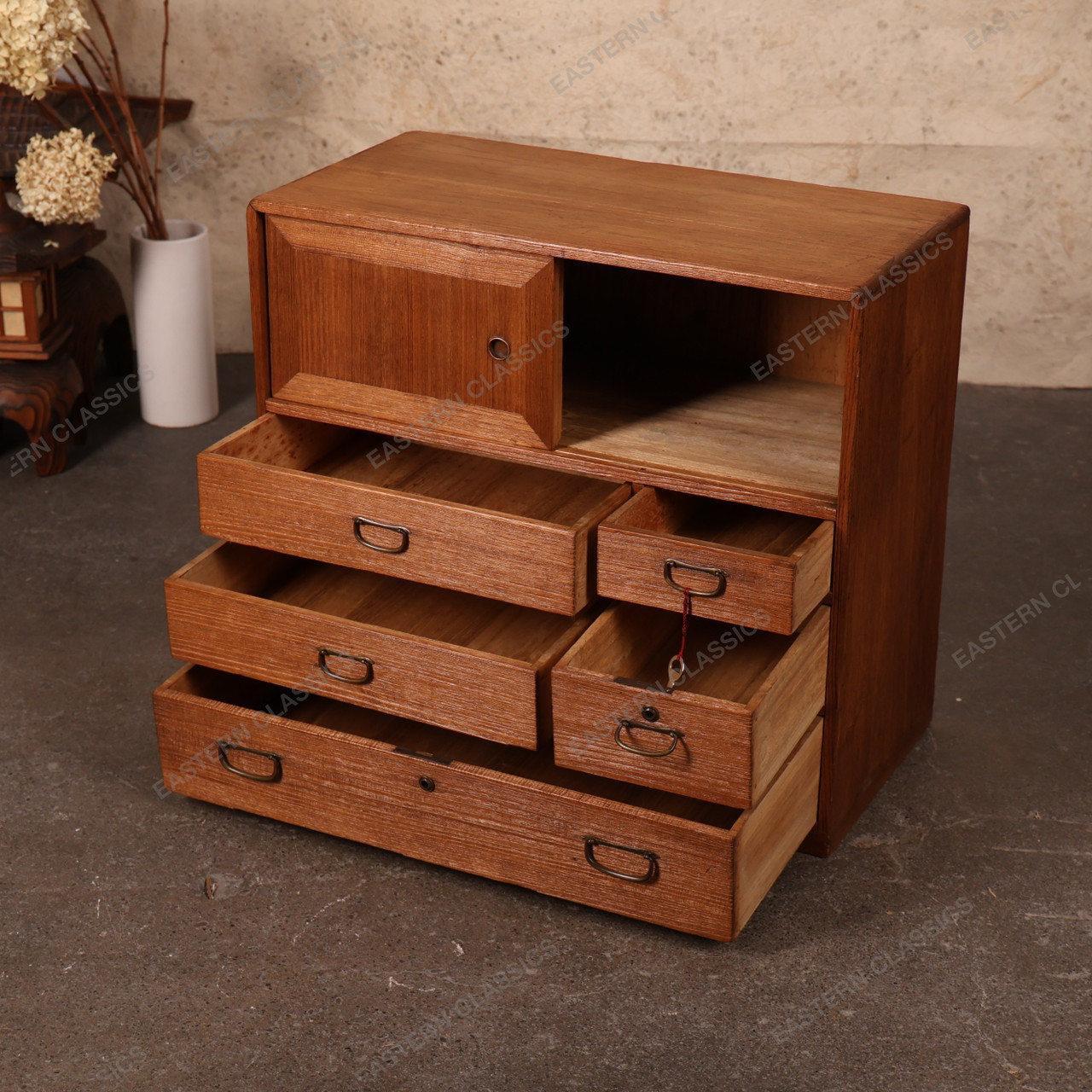 Antique Japanese Ko Tansu – Small Kiri Wood Chest with Sliding