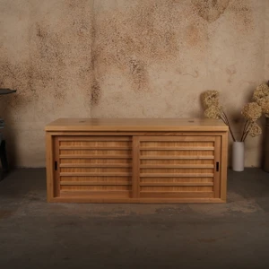 Japanese Style Wooden Shoe Bench with Sliding Slat Doors - 1