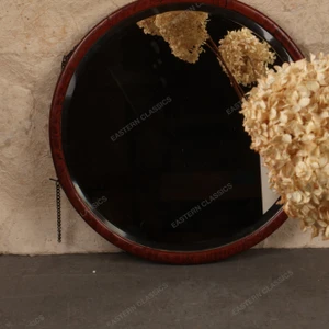 Vintage Japanese Round Lacquered Wood Mirror with Beveled Glass, Mid-Showa 1946-1965 | SKU: 26J-0581 - 1