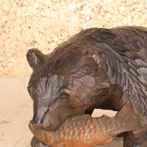 Vintage Japanese Hokkaido Ainu Bear (kuma) with Salmon Wood Carving, Mid Showa 1946-1965 | SKU: 26J-0724-2 - 2