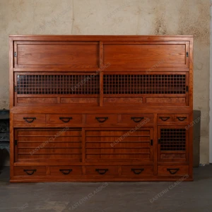 Vintage Japanese Mizuya tansu with Kigumi Lattice Sliding Doors and Burl Wood Panel Accents, Heisei Era, circa 2005 - 1