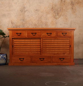 Modern reproduction of a traditional Japanese Mizuya Tansu at counter height, with solid wood construction, cast iron handles, and adjustable interior shelving.