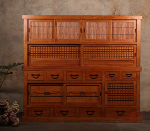 Handcrafted Mizuya Tansu kitchen chest with dovetail drawers, removable sliding doors, mortise and tenon joinery, and traditional iron hardware, available in various hardwoods.