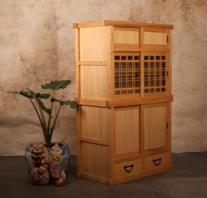 Compact Japanese Mizuya Tansu tea chest with two sections, featuring grid-framed glass sliding doors, solid wood panels, and drawers, available in teak or ash wood finish.