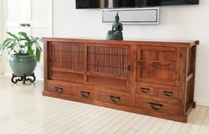 Japanese Style Media Chest Custom-Order Reference in Re-claimed Elm with Teak Finish - 2