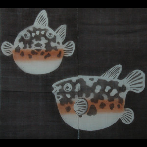 Japanese Noren Curtain — Linen with Fugu Blowfish Motif, Earth-Tone Variation (SKU: 07DA02B) - 2 Japanese Noren Curtain — Linen with Fugu Blowfish Motif, Earth-Tone Variation (SKU: 07DA02B) - 2