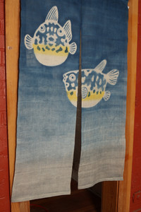 Japanese Noren Curtain — Linen with Blowfish Fugu Motif (SKU: 07DA02A) - 2