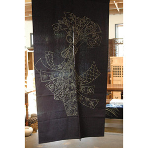 Japanese Noren Curtain — Indigo Linen with Sashiko-Style Decorative Sash Motif (SKU: AA109) - 1