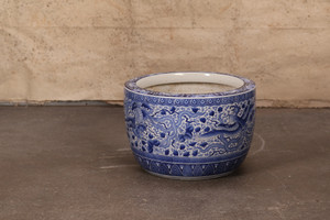 Antique Japanese Hibachi, Blue and White Phoenix In Flight (24J-556)