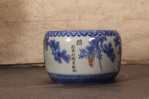 Antique Japanese Hibachi, Blue and White, Pine Trees (24J-399-2)