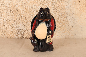 Vintage Japanese Ceramic Tanuki – Red Haori with Detachable Hat(24N-124-2)