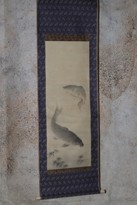 Vintage Japanese painting, scroll. Swimming Carps(24N-J21-4)