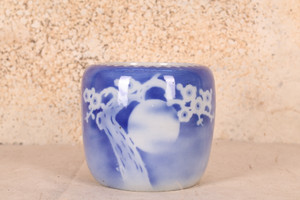 Vintage Japanese Hibachi – Blue Glaze with Sakura Motif (24N-203-2)
