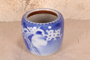 Vintage Japanese Hibachi – Blue Glaze with Sakura Motif (24N-203-2)