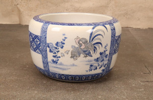 Antique Japanese Hibachi, Blue and White Phoenix In Flight (24N-203-4)