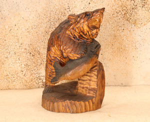 Vintage Japanese Ainu Carved Wooden Bear – Roaring with Salmon Catch (24N-3525)