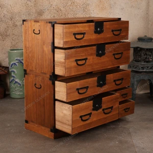 Antique Japanese Section Kimono Tansu Chest With Multi Sized Warabite Pull Drawers — Kiri (SKU: 25S-B404) -
