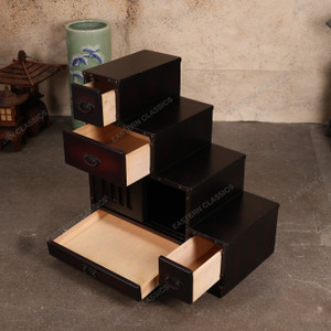 Antique Japanese Kaidan Tansu Step Chest With Tatezan Sliding Doors And Decorative Warabite Kanagu Drawers (SKU:… - 
