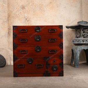 Antique Japanese Ko Tansu Small Lacquered Chest With Crane Plum And Matsu Motif Kanagu Drawers — Kiri (SKU: 25S-G430) - 