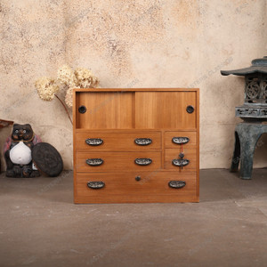 Vintage Japanese Ko Tansu Small Chest With Hikido And Decorative Karakusa Warabite Pull Drawers — Kiri (SKU: 25S-G418) - 1